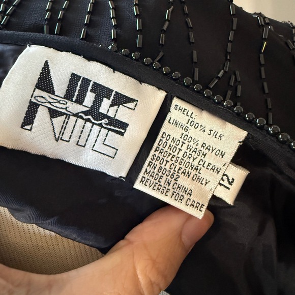 Vintage 80s Nite Line Silk Beaded Sequin Cocktail Dress Black Multicolor Size 12 - Picture 7 of 9